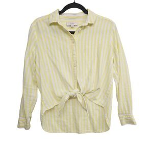 LOFT Yellow Stripe Linen Blend Top S Coastal Preppy Cottagecore Tie Front Button
